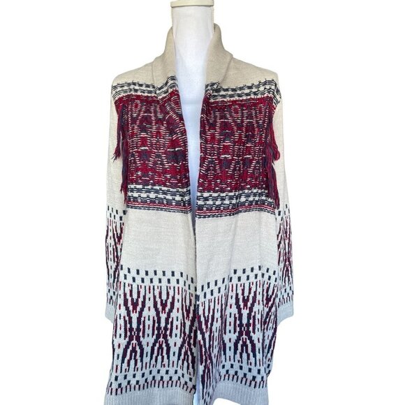 Style & Co Sweater Cardigan Women's Sz Small Open Front Tan Red Blue Fringe - Picture 1 of 11